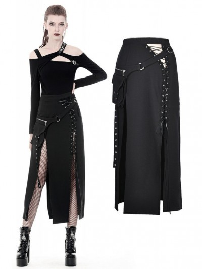 Dark in Love Black Gothic Punk Sexy Slit Irregular Long Skirt