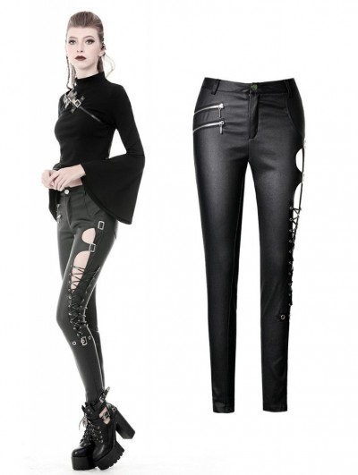 Dark in Love Black Gothic Punk Sexy Asymmetrical PU Leather Trousers for Women