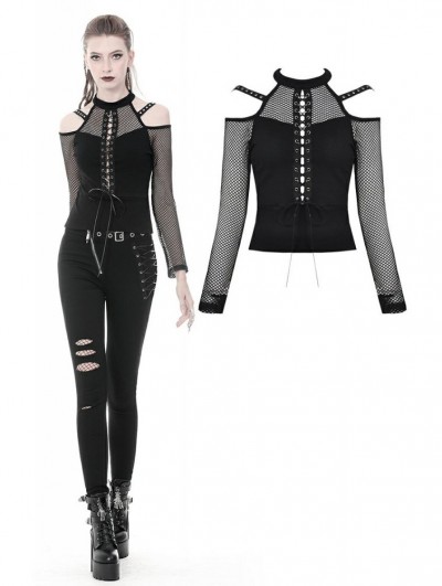 Dark in Love Black Gothic Punk Sexy Off-the-Shoulder Long Sleeve T-Shirt for Women