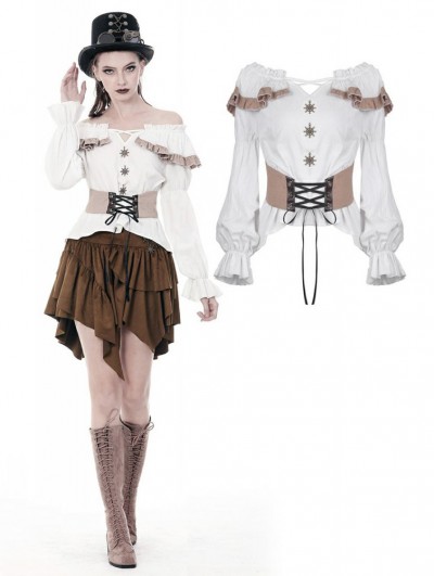 Dark in Love Women's White Steampunk Off-the-Shoulder Long Sleeve Shirt with Detachable Waistband