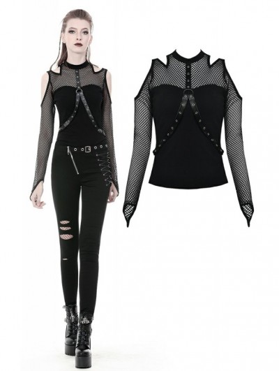 Dark in Love Black Gothic Punk Belt Off-the-Shoulder Long Sleeve T-Shirt for Women