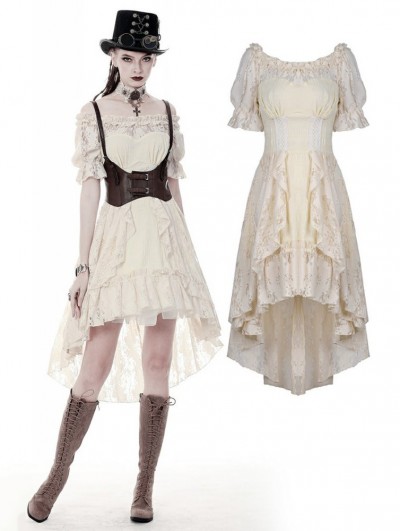 Dark in Love Ivory Steampunk Lace Short Sleeve High-Low Dress