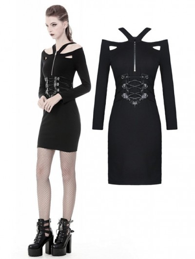 Dark in Love Black Gothic Punk Long Sleeve Sexy Slim Short Dress