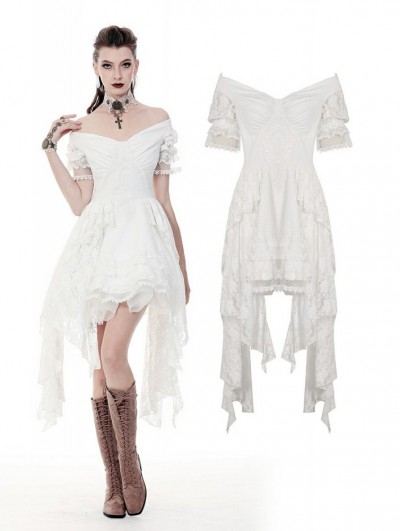Dark in Love White Gothic Off-the-Shoulder Irregular Cocktail Party Dress