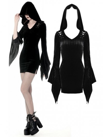 Dark in Love Black Gothic Hooded Holloween Witch Short Dress 