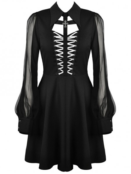 Dark in Love Black Gothic Chiffon Cross Long Sleeve Short Dress ...