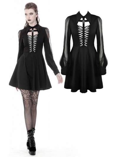 Dark in Love Black Gothic Chiffon Cross Long Sleeve Short Dress