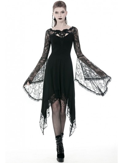 Dark in Love Black Gothic Lace Long Sleeve Asymmetrical Dress