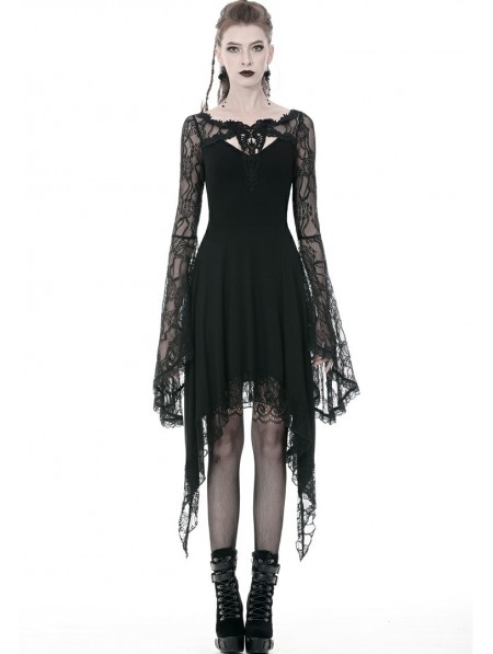 Dark in Love Black Gothic Lace Long Sleeve Asymmetrical Dress ...
