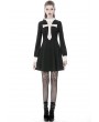 Dark in Love Black and White Vintage Gothic Skull Cross Long Sleeve Short Dress