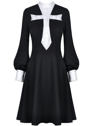 Dark in Love Black and White Vintage Gothic Skull Cross Long Sleeve Short  Dress - DarkinCloset.com