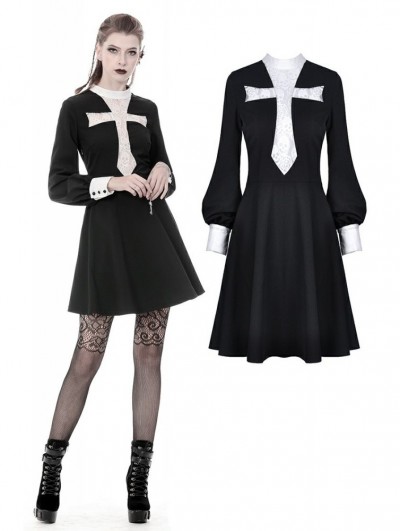 Dark in Love Black and White Vintage Gothic Skull Cross Long Sleeve Short Dress