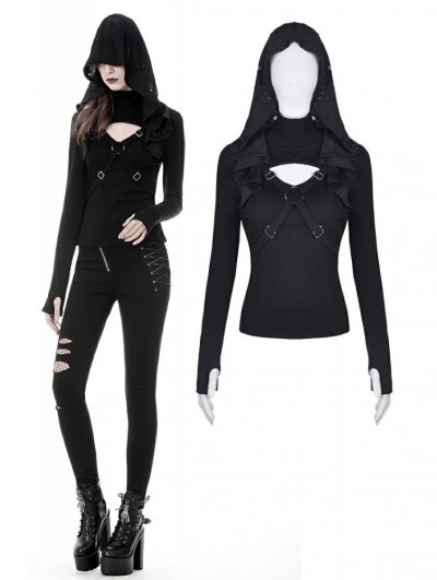 Dark in Love Black Gothic Punk Cross Long Sleeve Hooded T-Shirt for Women