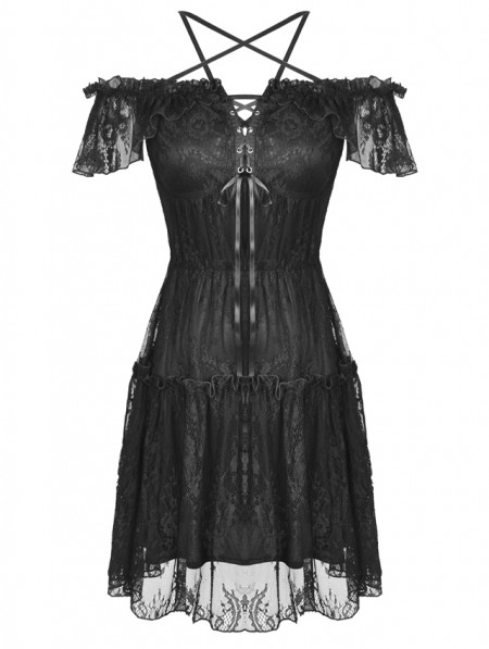 Dark in Love Black Gothic Off-the-Shoulder Lace Pentagram Short Dress ...