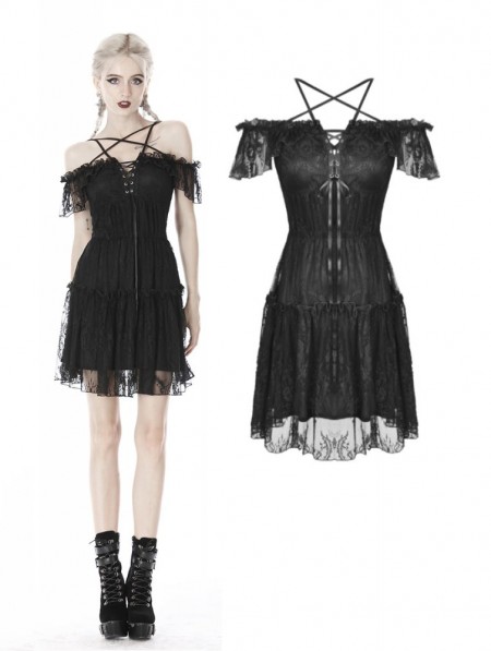 Dark in Love Black Gothic Off-the-Shoulder Lace Pentagram Short Dress ...