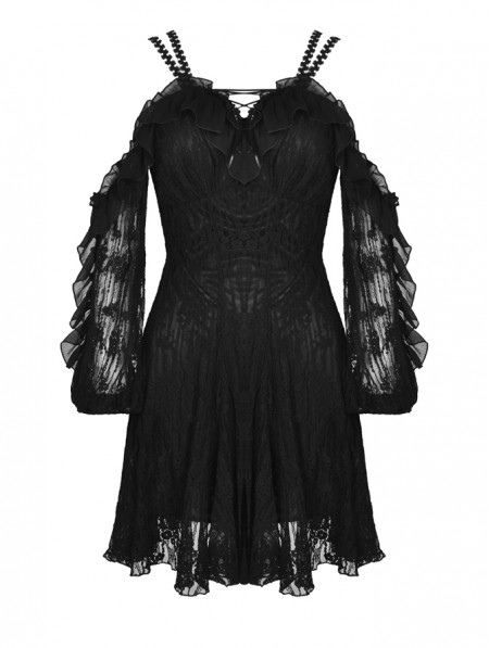 Dark in Love Black Gothic Off-the-Shoulder Long Sleeve Lace Short Dress ...