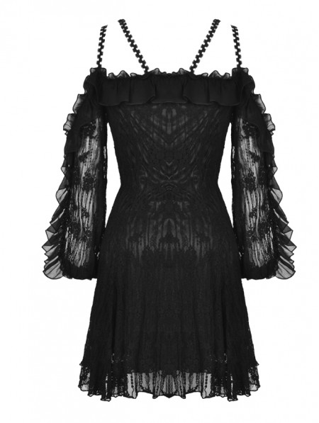 Dark in Love Black Gothic Off-the-Shoulder Long Sleeve Lace Short Dress ...