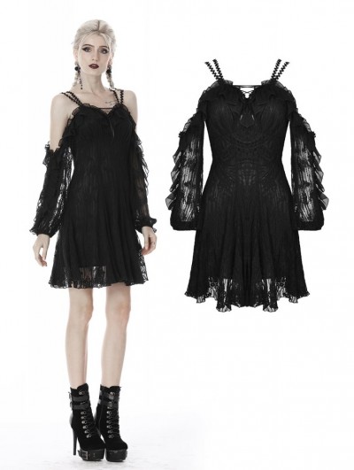 Dark in Love Black Gothic Off-the-Shoulder Long Sleeve Lace Short Dress