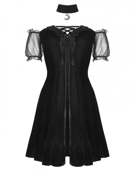 Dark in Love Black Gothic Velvet Off-the-Shoulder Short Dress with Moon ...