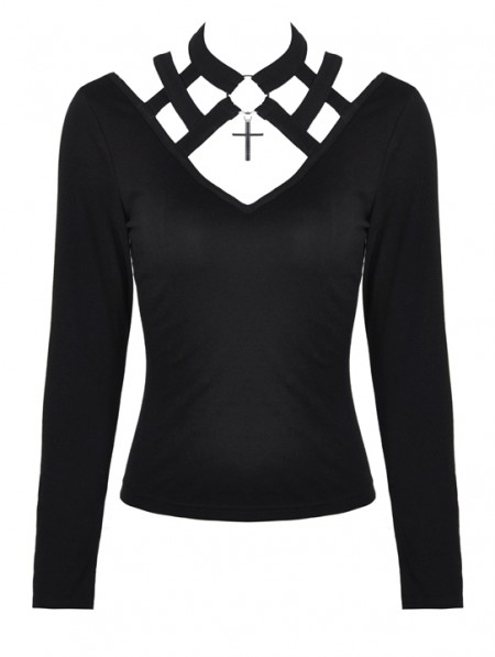 Dark in Love Black Gothic Punk Hollow-out Long Sleeve T-shirt for Women ...