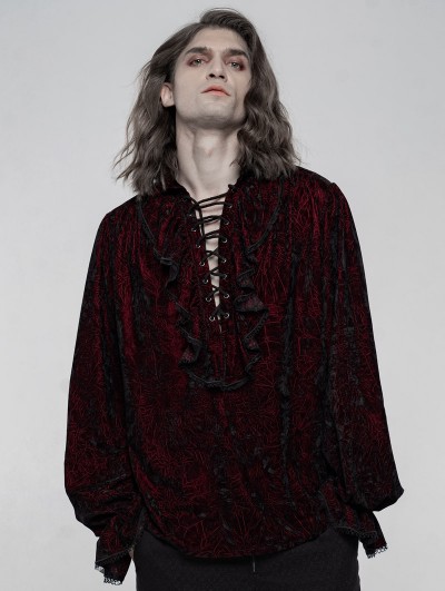 Punk Rave Dark Red Retro Velvet Gothic Long Sleeve Shirt for Men