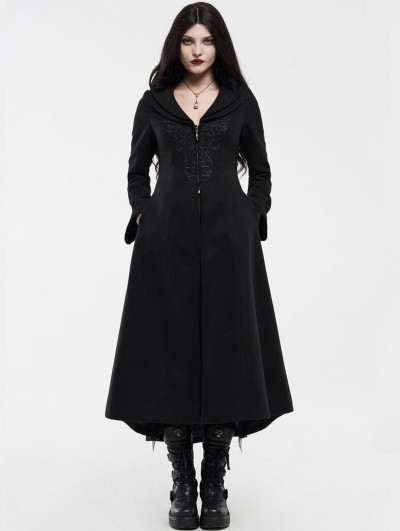 Punk Rave Black Gothic Embroidered Wool Long Winter Coat for Women ...