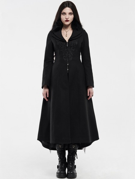 Punk Rave Black Gothic Embroidered Wool Long Winter Coat for Women ...