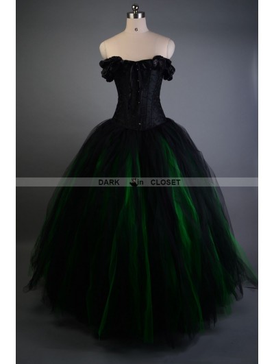 Black and Green Off-the-Shoulder Gothic Victorian Prom Gown