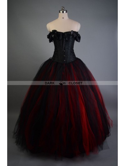 Black and Red Off-the-Shoulder Gothic Victorian Prom Gowns