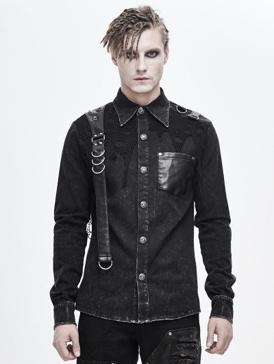Devil Fashion Black Gothic Punk Do Old Denim Long Sleeve Shirt for Men Devil Fashion Black Gothic Punk Do Old Denim Long Sleeve Shirt for Men