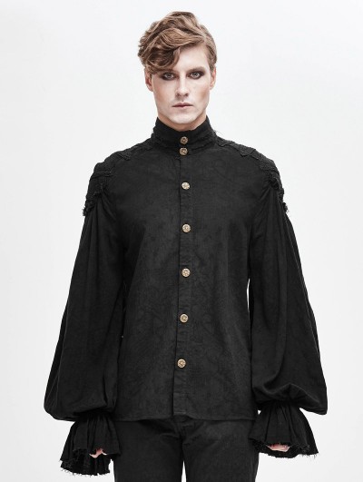 Devil Fashion Black Gothic Vintage Jacquard Long Lantern Sleeve Shirt for Men