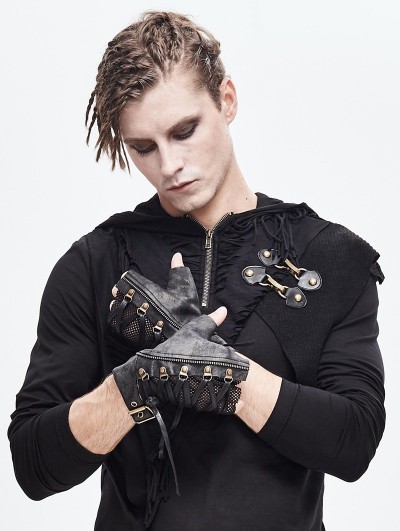 Devil Fashion Black Gothic Steampunk PU Leather Gloves for Men