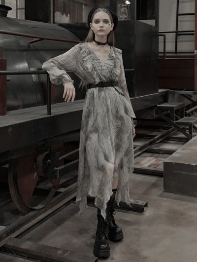 Punk Rave Grey Street Fashion Gothic Grunge Chiffon Irregular Long Dress