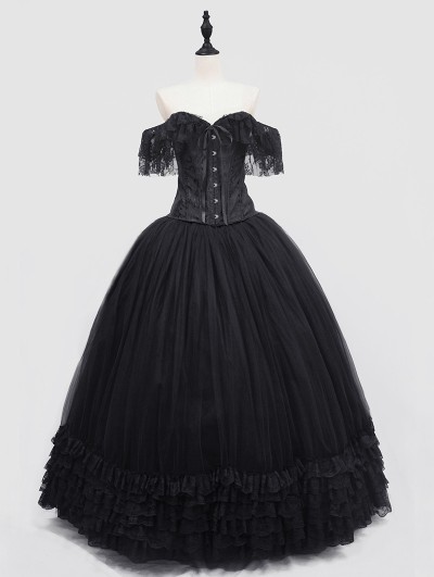 Rose Blooming Romantic Black Off-the-Shoulder Gothic Lace Corset Long Prom Ball Dress