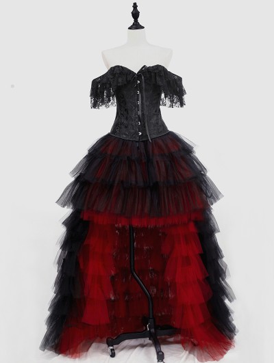 Rose Blooming Black and Red Gothic Burlesque Corset Prom Party High-Low Dress