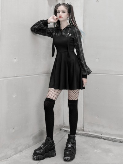 Punk Rave Black Plaid Street Fashion Gothic Grunge Fake Two-Piece Hooded Casual Dress