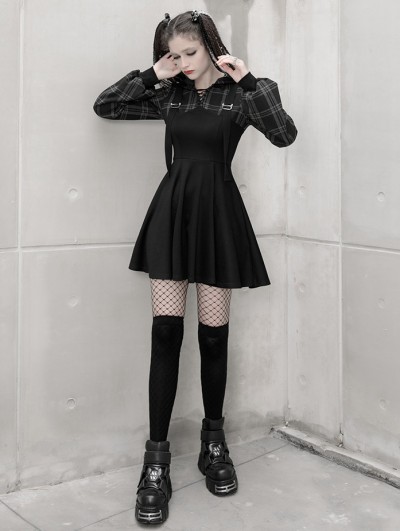 Punk Rave Black Plaid Street Fashion Gothic Grunge Fake Two-Piece Hooded  Casual Dress 
