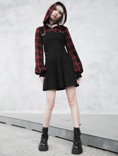 Punk Rave Black and Red Plaid Street Fashion Gothic Grunge Fake Two-Piece Hooded Casual Dress