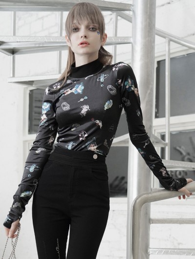 Punk Rave Black Street Fashion Gothic Grunge Embroidery Long Sleeve T-Shirt for Women
