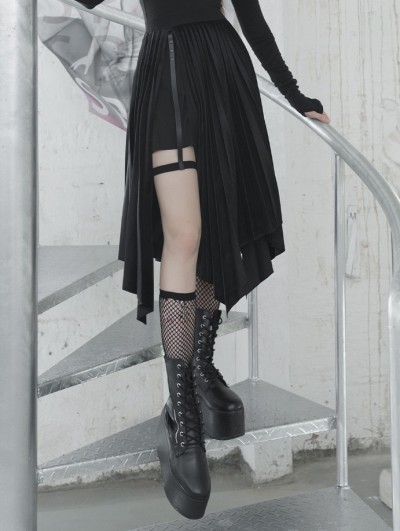 Punk Rave Black Street Fashion Gothic Grunge Velvet Irregular Pleated Casual Skirt