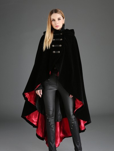 Pentagramme Black and Red Gothic Female Woolen Long Hoodie Cape