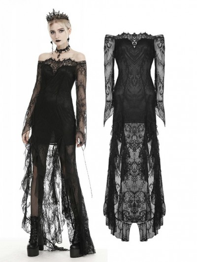 Dark in Love Black Romantic Gothic Lace Off-the-Shoulder Long Fishtail Dress