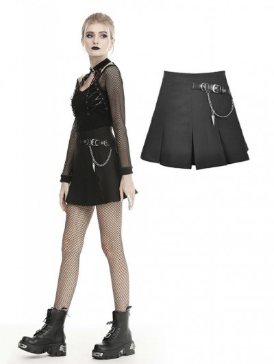 Dark in Love Black Gothic Grunge Punk Metal Chain Pleated Mini Skirt