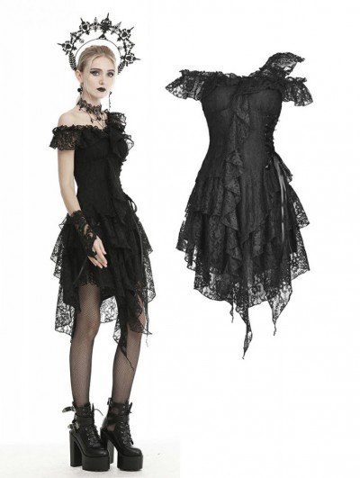 Dark in Love Black Gothic Off-the-Shoulder Lace Irregular Short Party Dress