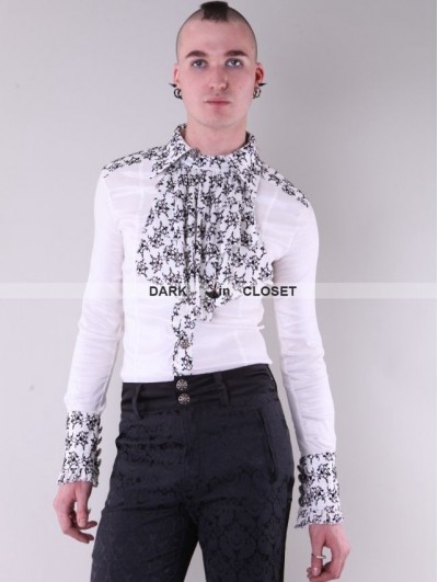 Pentagramme White Bowtie Long Sleeves Gothic Pattern Blouse for Men