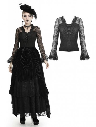 Dark in Love Black Gothic Elegant Lace Long Sleeve T-Shirt for Women