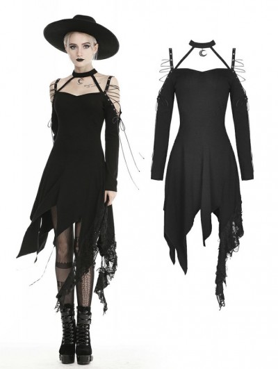 Dark in Love Black Gothic Grunge Off-the-Shoulder Irregular Long Sleeve Daily Wear Dress 