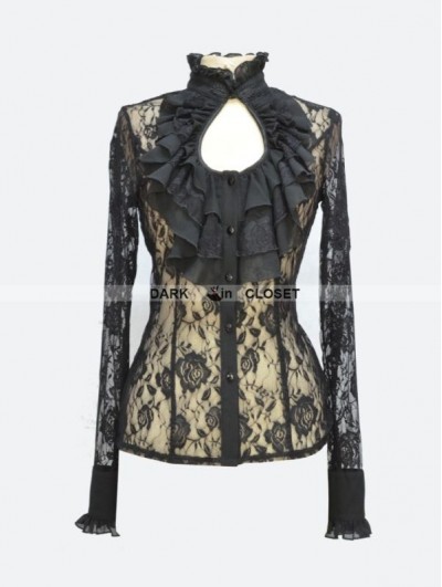 Pentagramme Black Rose Lace Keyhole Sexy Gothic Blouse for Women