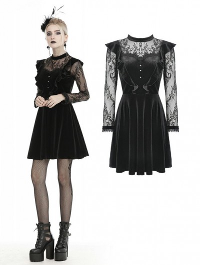 Dark in Love Black Cute Gothic Lace Velvet Long Sleeve Short Casual Dress
