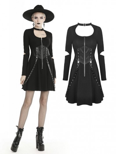 Dark in Love Black Gothic Punk Long Sleeve Short Casual Dress with Detachable Belt